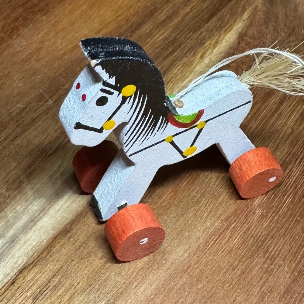 Vintage Kurt S Adler Wooden Horse Pull Toy Ornament Japan Painted White Orange